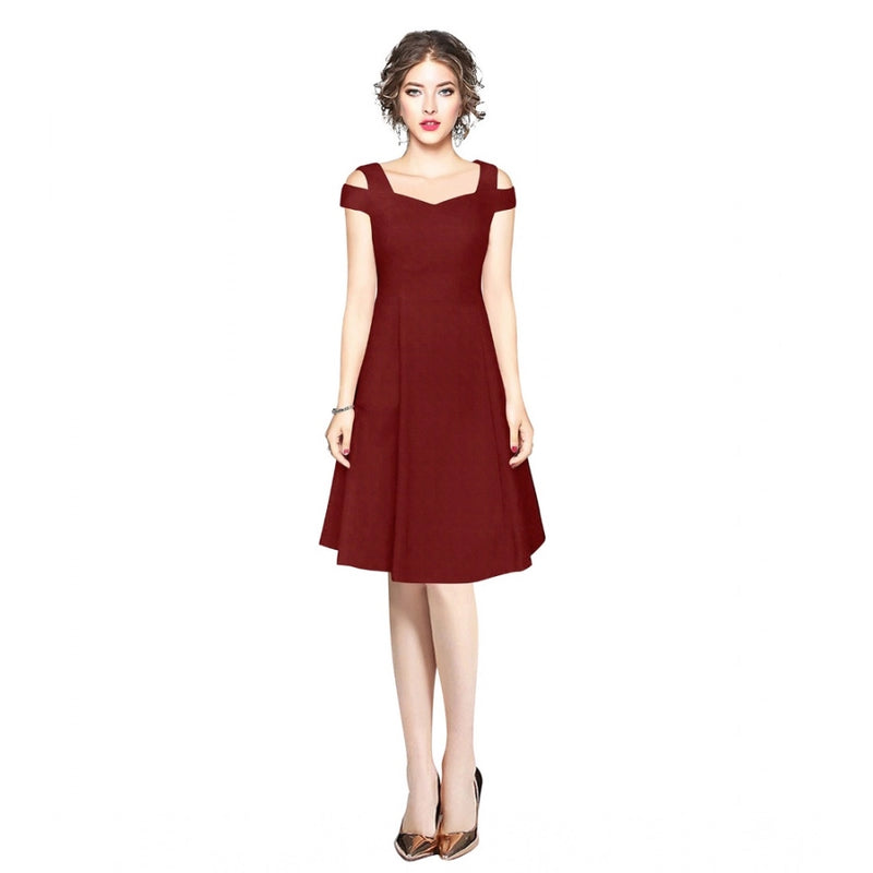 Mayawye Women's Polyester Solid V Neck Cap Sleeve off Shoulder Dress (Maroon)