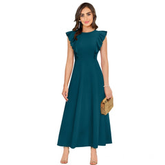 Mayawye Women's Knitting stretchable Solid Round Neck Ruffled Sleeve Dress (Morpich)