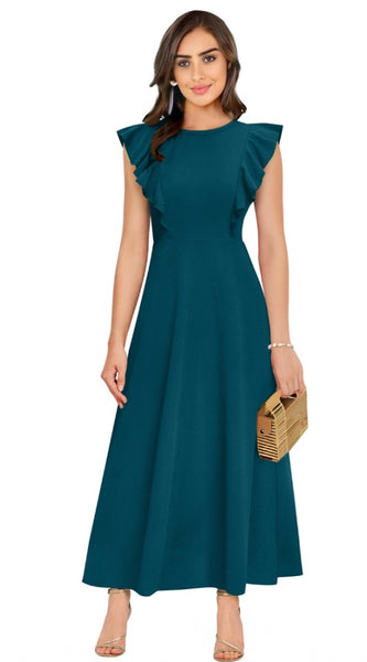 Mayawye Women's Knitting stretchable Solid Round Neck Ruffled Sleeve Dress (Morpich)