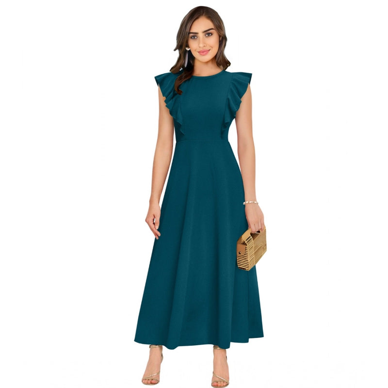 Mayawye Women's Knitting stretchable Solid Round Neck Ruffled Sleeve Dress (Morpich)