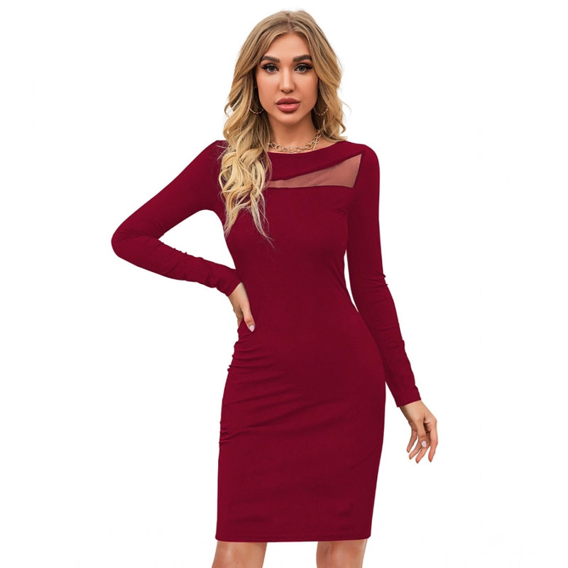 Mayawye Women's Knitting stretchable Solid Round Neck Full Sleeve Dress (Maroon)