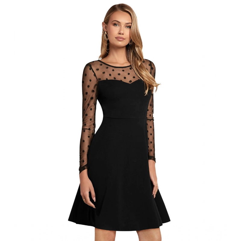 Mayawye Women's Knitting stretchable Solid Round Neck Full Sleeve Dress (Black)