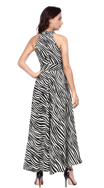 Mayawye Women's Polyester Zebra Pattern Halter Neck Sleeveless Dress (White)
