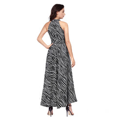 Mayawye Women's Polyester Zebra Pattern Halter Neck Sleeveless Dress (Navy Blue)