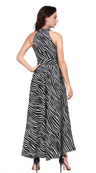 Mayawye Women's Polyester Zebra Pattern Halter Neck Sleeveless Dress (Navy Blue)