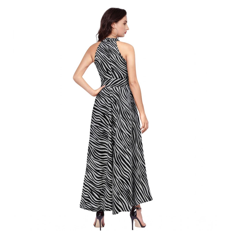 Mayawye Women's Polyester Zebra Pattern Halter Neck Sleeveless Dress (Navy Blue)