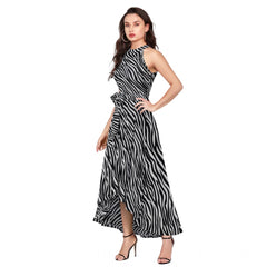 Mayawye Women's Polyester Zebra Pattern Halter Neck Sleeveless Dress (Navy Blue)