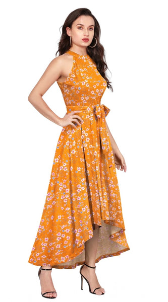Mayawye Women's Polyester Printed Halter Neck Sleeveless Dress (Yellow)