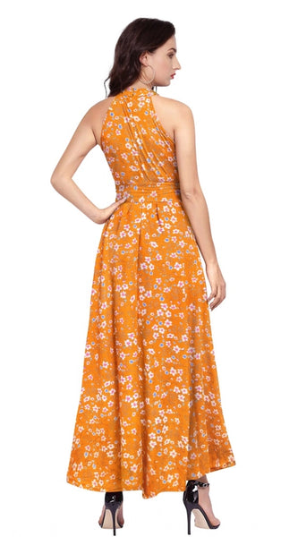 Mayawye Women's Polyester Printed Halter Neck Sleeveless Dress (Yellow)