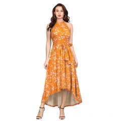 Mayawye Women's Polyester Printed Halter Neck Sleeveless Dress (Yellow)