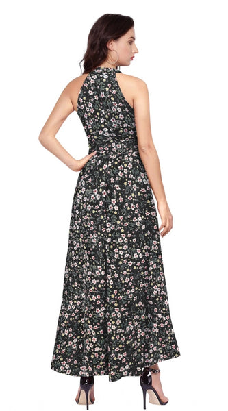 Mayawye Women's Polyester Printed Halter Neck Sleeveless Dress (Black)