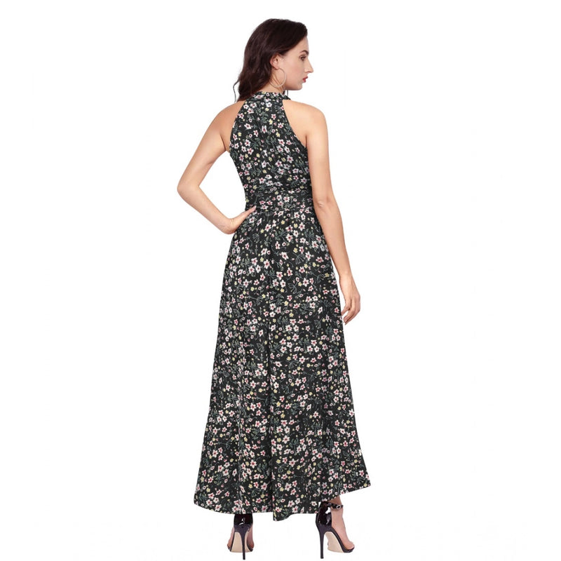 Mayawye Women's Polyester Printed Halter Neck Sleeveless Dress (Black)