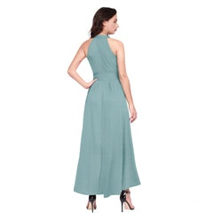 Mayawye Women's Polyester Solid Halter Neck Sleeveless Dress (Pista)