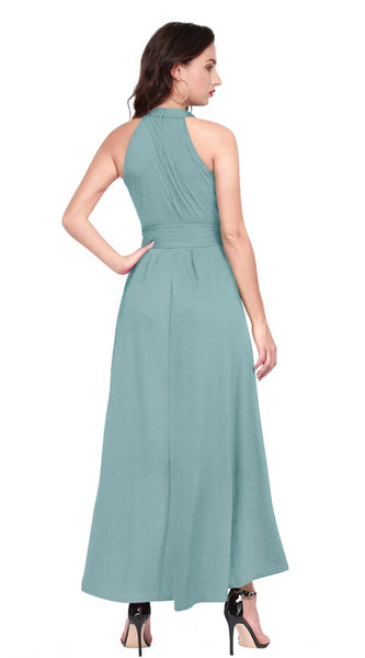 Mayawye Women's Polyester Solid Halter Neck Sleeveless Dress (Pista)