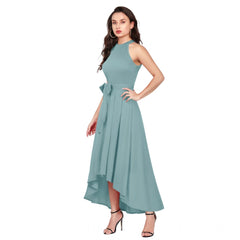 Mayawye Women's Polyester Solid Halter Neck Sleeveless Dress (Pista)