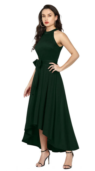 Mayawye Women's Polyster Solid Halter Neck Sleeveless Dress (Green)