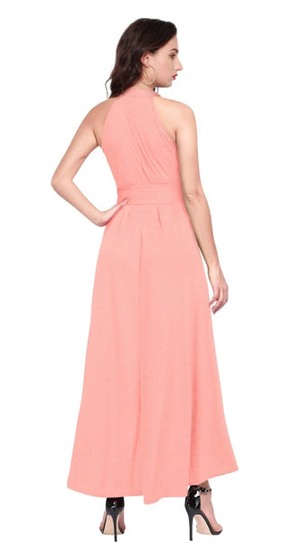 Mayawye Women's Polyster Solid Halter Neck Sleeveless Dress (Peach)