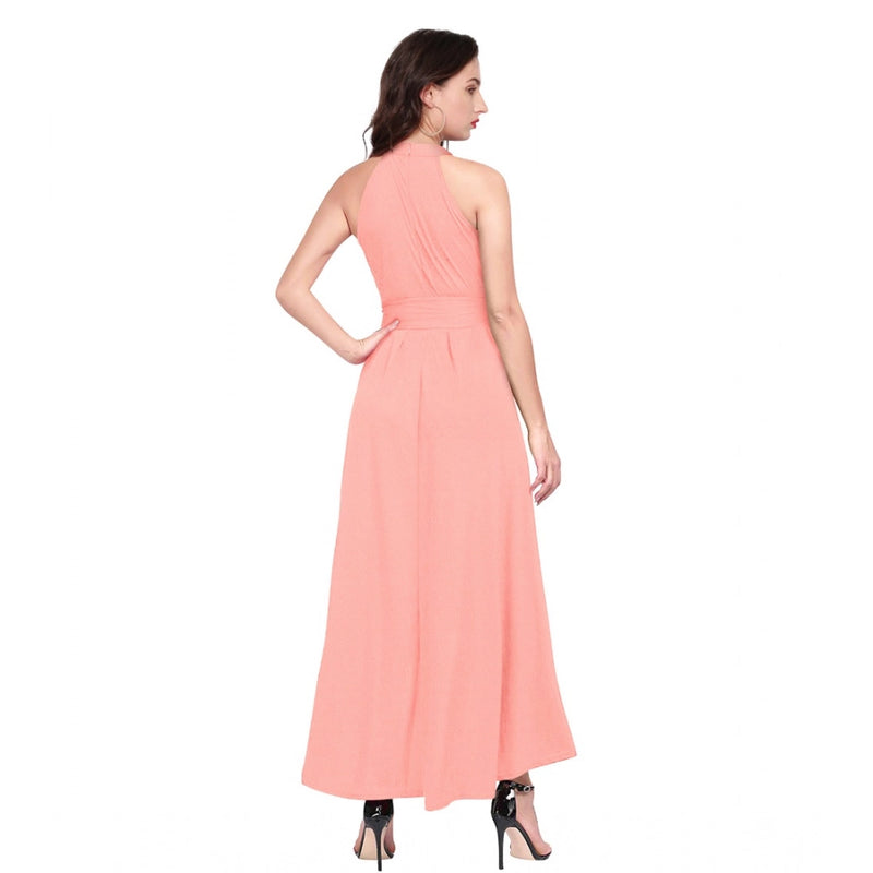 Mayawye Women's Polyster Solid Halter Neck Sleeveless Dress (Peach)