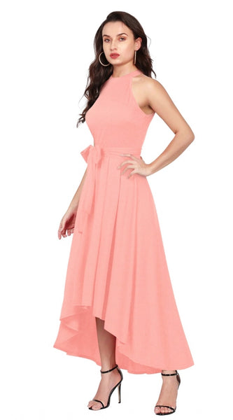 Mayawye Women's Polyster Solid Halter Neck Sleeveless Dress (Peach)