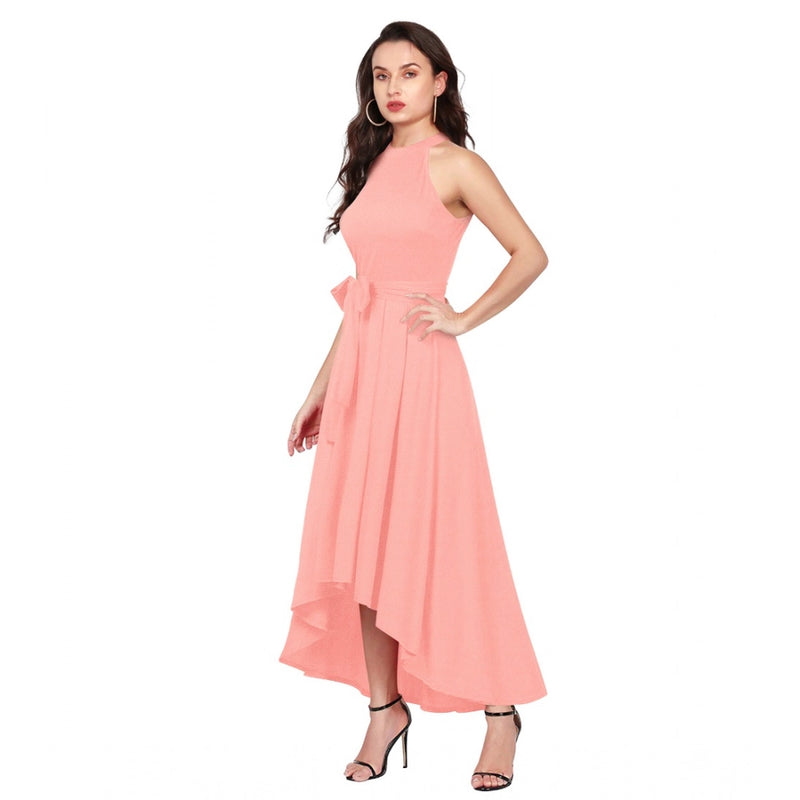 Mayawye Women's Polyster Solid Halter Neck Sleeveless Dress (Peach)