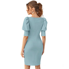 Mayawye Women's Knitting stretchable Solid Square Neck 3-4 Puff Sleeve Dress (Pista)
