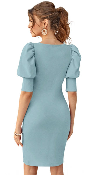 Mayawye Women's Knitting stretchable Solid Square Neck 3-4 Puff Sleeve Dress (Pista)