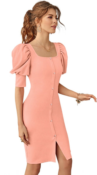 Mayawye Women's Knitting stretchable Solid Square Neck 3-4 Puff Sleeve Dress (Peach)