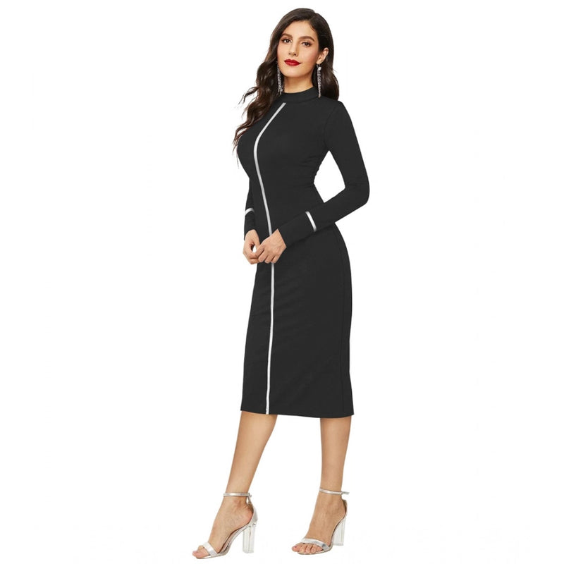 Mayawye Women's Knitting stretchable Solid Round Neck Full Sleeve Dress (Black)
