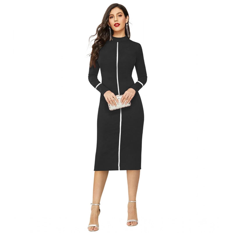 Mayawye Women's Knitting stretchable Solid Round Neck Full Sleeve Dress (Black)