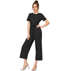 Mayawye Women's Knitting stretchable Solid Round Neck Cap Sleeve Jumpsuit (Black)