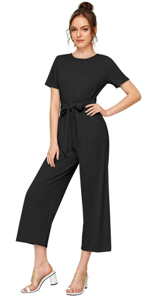 Mayawye Women's Knitting stretchable Solid Round Neck Cap Sleeve Jumpsuit (Black)