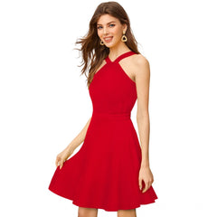 Mayawye Women's Knitting stretchable Solid Halter Neck Sleeveless Dress (Red )