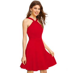 Mayawye Women's Knitting stretchable Solid Halter Neck Sleeveless Dress (Red )