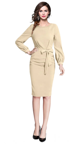 Mayawye Women's Knitting stretchable Solid Round Neck Full Sleeve Dress (Beige )