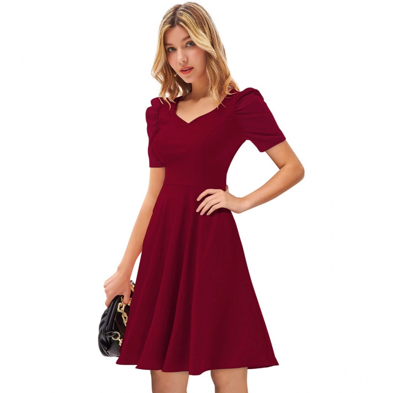 Mayawye Women's Knitting stretchable Solid V Neck Cap Sleeve Dress (Maroon)