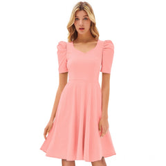 Mayawye Women's Knitting stretchable Solid V Neck Cap Sleeve Dress (Peach)