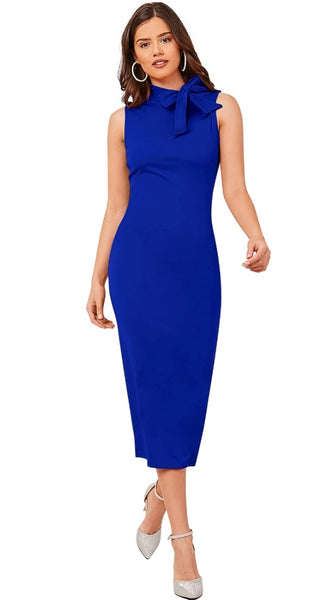 Mayawye Women's Knitting stretchable Solid Round Neck Sleeveless Dress (Royal Blue)