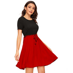 Mayawye Women's Knitting stretchable Solid Round Neck Cap Sleeve Dress (Red)