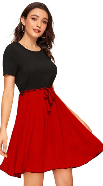 Mayawye Women's Knitting stretchable Solid Round Neck Cap Sleeve Dress (Red)