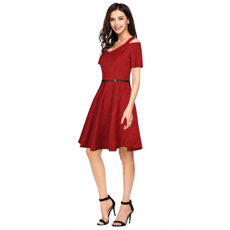 Mayawye Women's Polyester Solid V Neck Cap Sleeve Dress (Maroon)