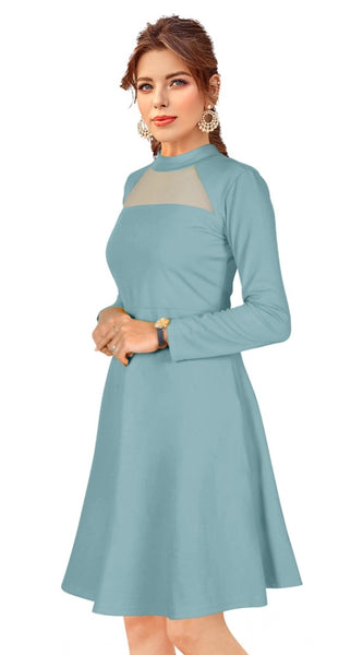 Mayawye Women's Knitting stretchable Solid Round Neck Full Sleeve Dress (Pista)