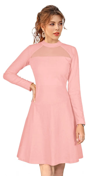 Mayawye Women's Knitting stretchable Solid Round Neck Full Sleeve Dress (Peach)