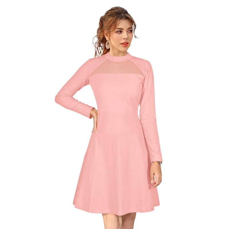Mayawye Women's Knitting stretchable Solid Round Neck Full Sleeve Dress (Peach)