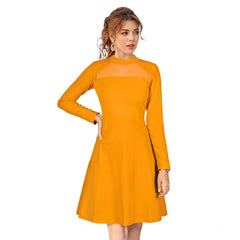 Mayawye Women's Knitting stretchable Solid Round Neck Full Sleeve Dress (Yellow)