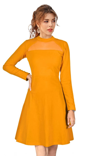 Mayawye Women's Knitting stretchable Solid Round Neck Full Sleeve Dress (Yellow)