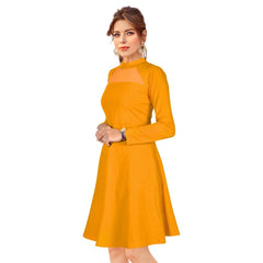 Mayawye Women's Knitting stretchable Solid Round Neck Full Sleeve Dress (Yellow)
