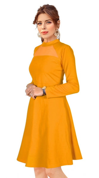 Mayawye Women's Knitting stretchable Solid Round Neck Full Sleeve Dress (Yellow)
