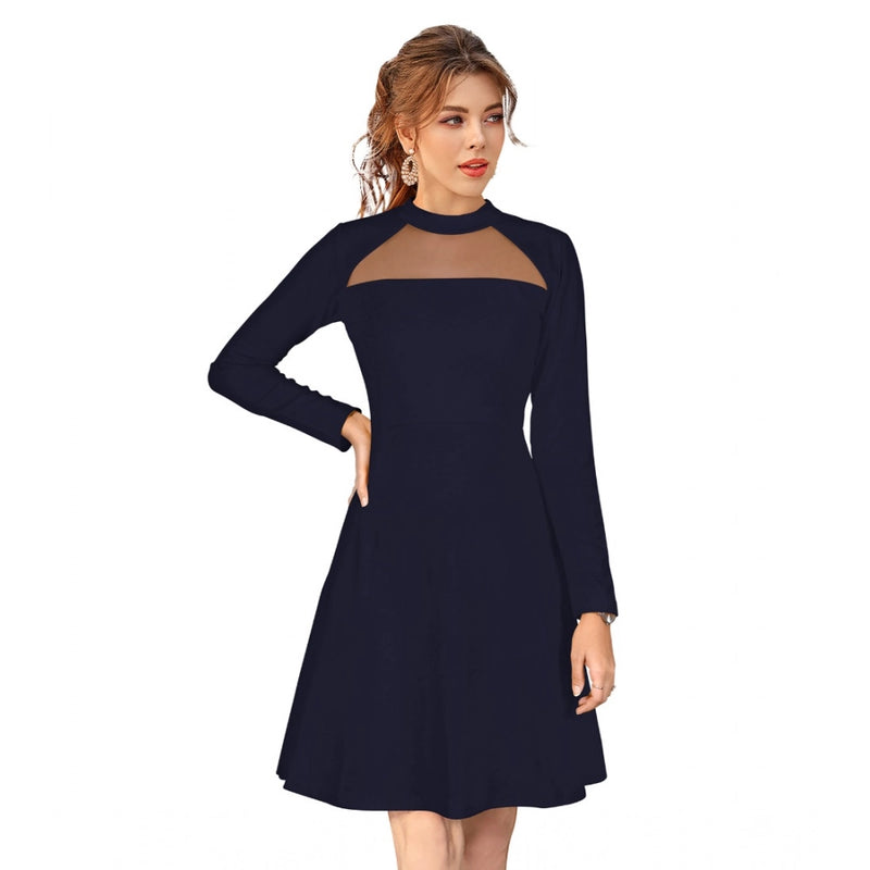 Mayawye Women's Knitting stretchable Solid Round Neck Full Sleeve Dress (Blue)