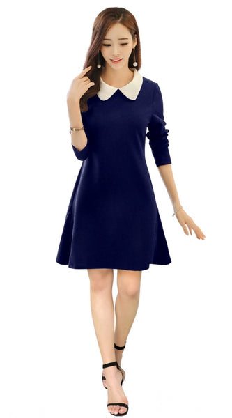 Mayawye Women's Polyester Solid Collar 3-4th Dress (Blue)