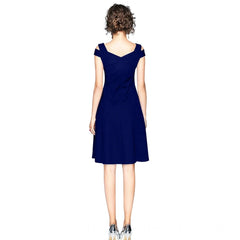 Mayawye Women's Polyester Solid V Neck Cap Sleeve off Shoulder Dress (Blue)